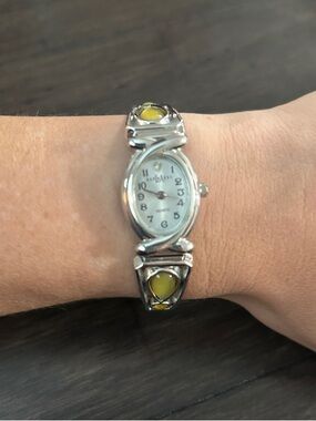 Silver Women's Bracelet Watch with Yellow Stone Accents